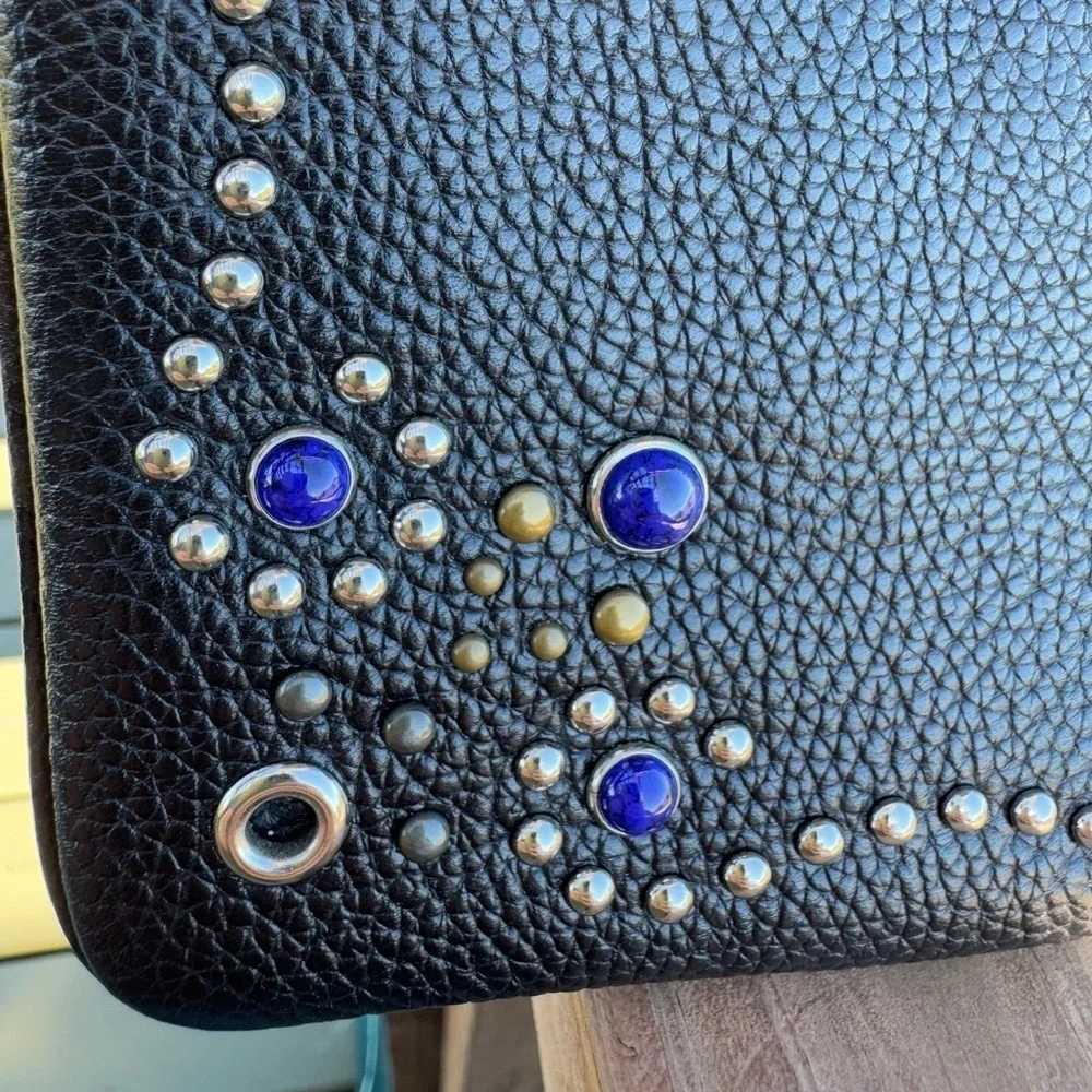 Coach Black Leather Wristlet Blue & Silver Studded